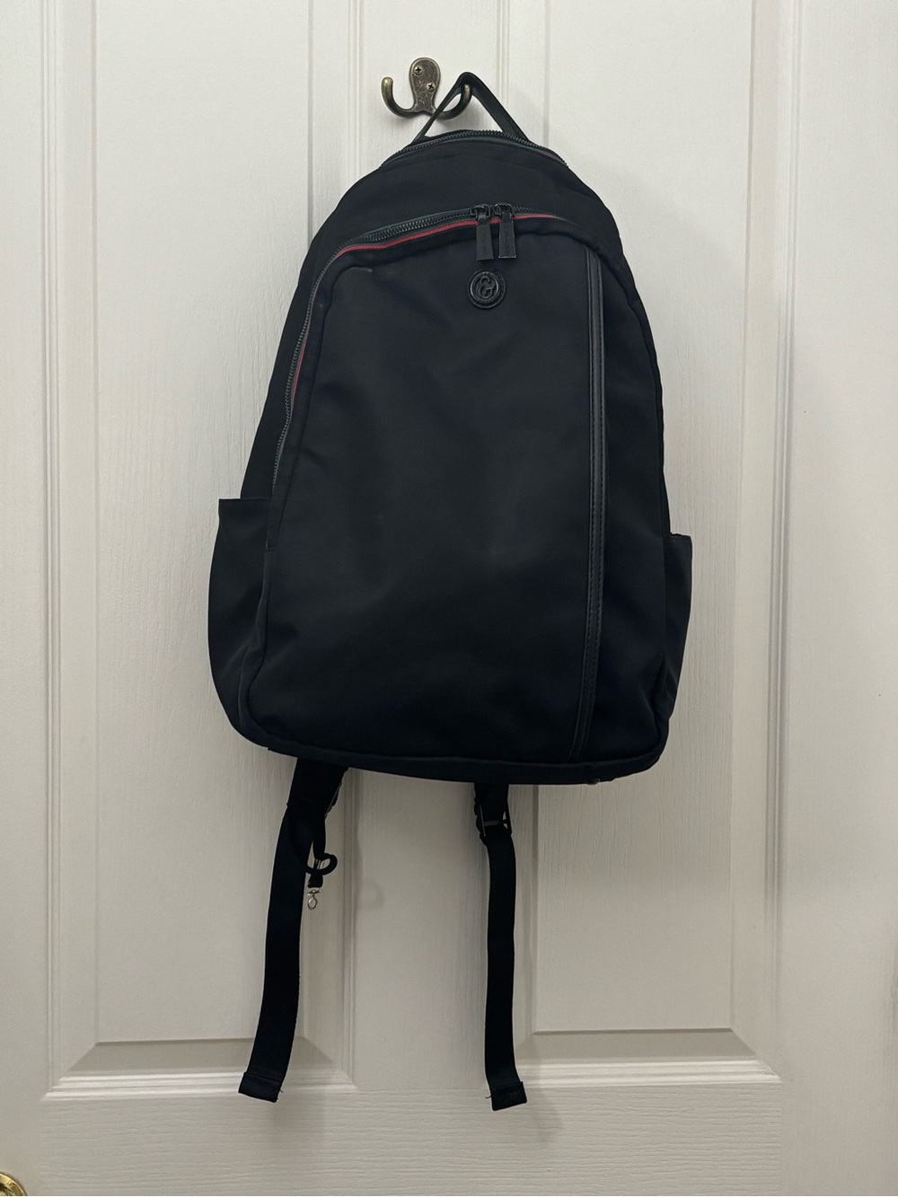 Joan & David Black Nylon Backpack Red Green Stripe Multi Pocket Travel Bag